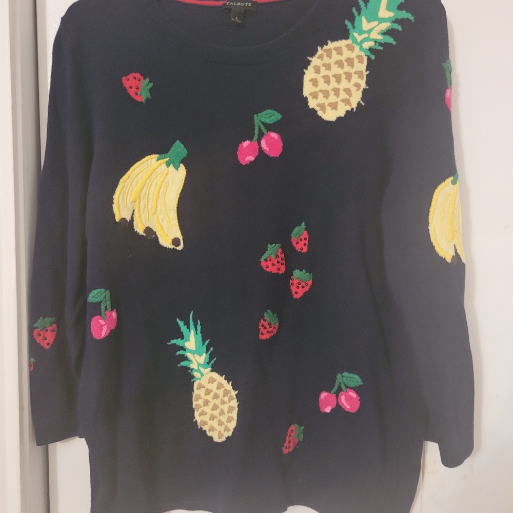 Women's Navy Sweater 3/4 Sleeves with Fruit Pattern Petite Size L